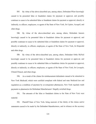 587. By virtue of the above-described acts, among others, Defendant Pfizer knowingly
caused to be presented false or fraudulent claims for payment or approval, and possibly
continues to cause to be submitted false or fraudulent claims for payment or approval, directly or
indirectly, to officers, employees, or agents of the State of New York, for Lipitor, Accupril, and
other drugs.
588. By virtue of the above-described acts, among others, Defendant Janssen
knowingly caused to be presented false or fraudulent claims for payment or approval, and
possibly continues to cause to be submitted false or fraudulent claims for payment or approval,
directly or indirectly, to officers, employees, or agents of the State of New York, for Risperdal
and other drugs.
589. By virtue of the above-described acts, among others, Defendant Ortho McNeil
knowingly caused to be presented false or fraudulent claims for payment or approval, and
possibly continues to cause to be submitted false or fraudulent claims for payment or approval,
directly or indirectly, to officers, employees, or agents of the State of New York, for Levaquin,
Ultram/Ultracet, and other drugs.
590. As a result of the claims for reimbursement defendants caused to be submitted to
New York Medicaid, which were certified compliant with federal and state Medicaid law and
regulation as a condition of payment by co-conspirator pharmacies, New York regularly made
payments to pharmacies for Defendant Manufacturers' illegally switched drugs.
591. The amounts of the false or fraudulent claims to the State of New York were
material.
592. Plaintiff State of New York, being unaware of the falsity of the claims and/or
statements caused to be made by the Defendant Manufacturers, and in reliance on the accuracy
125
 
