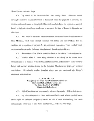Ultram/Ultracet, and other drugs.
629. By virtue of the above-described acts, among others, Defendant Janssen
knowingly caused to be presented false or fraudulent claims for payment or approval, and
possibly continues to cause to be submitted false or fraudulent claims for payment or approval,
directly or indirectly, to officers, employees, or agents of the State of Texas, for Risperdal and
other drugs.
630. As a result of the claims for reimbursement defendants caused to be submitted to
Texas Medicaid, which were certified compliant with federal and state Medicaid law and
regulation as a condition of payment by co-conspirator pharmacies, Texas regularly made
payments to pharmacies for Defendant Manufacturers' illegally switched drugs.
631. The amounts ofthe false or fraudulent claims to the State of Texas were material.
632. Plaintiff State of Texas, being unaware of the falsity of the claims and/or
statements caused to be made by the Defendant Manufacturers, and in reliance on the accuracy
thereof paid and may continue to pay for the Defendant Manufacturers' improperly switched
prescriptions. All unlawful conduct described above may have continued after Lisitza's
termination with Omnicare.
COUNT XXXVIII
Conspiracy to Submit False Claims in Violation of
the Texas Medicaid False Claims Act
Tx. Hum. Res. Code §36.002(9)
(Against All Defendants)
633. Plaintiffs reallege and incorporate by reference Paragraphs 1-261 set forth above.
634. By effectuating the PAL letter solicitation-for-kickback scheme detailed herein,
Bristol Myers and Omnicare conspired to defraud the State of Texas by submitting false claims
and causing the submission of false claims for Monopril, Abilify, and other drugs.
132
 