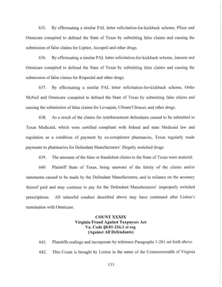 635. By effectuating a similar PAL letter solicitation-for-kickback scheme, Pfizer and
Omnicare conspired to defraud the State of Texas by submitting false claims and causing the
submission of false claims for Lipitor, Accupril and other drugs.
636. By effectuating a similar PAL letter solicitation-for-kickback scheme, Janssen and
Omnicare conspired to defraud the State of Texas by submitting false claims and causing the
submission of false claims for Risperdal and other drugs.
637. By effectuating a similar PAL letter solicitation-for-kickback scheme, Ortho
McNeil and Omnicare conspired to defraud the State of Texas by submitting false claims and
causing the submission of false claims for Levaquin, UltramiUltracet, and other drugs.
638. As a result of the claims for reimbursement defendants caused to be submitted to
Texas Medicaid, which were certified compliant with federal and state Medicaid law and
regulation as a condition of payment by co-conspirator pharmacies, Texas regularly made
payments to pharmacies for Defendant Manufacturers' illegally switched drugs.
639. The amounts ofthe false or fraudulent claims to the State of Texas were material.
640. Plaintiff State of Texas, being unaware of the falsity of the claims and/or
statements caused to be made by the Defendant Manufacturers, and in reliance on the accuracy
thereof paid and may continue to pay for the Defendant Manufacturers' improperly switched
prescriptions. All unlawful conduct described above may have continued after Lisitza's
termination with Omnicare.
COUNT XXXIX
Virginia Frand Against Taxpayers Act
Va. Code §8.01-216.1 et seq.
(Against All Defendants)
641. Plaintiffs reallege and incorporate by reference Paragraphs 1-261 set forth above.
642. This Count is brought by Lisitza in the name of the Commonwealth of Virginia
133
 