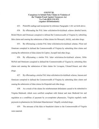 COUNT XL
Conspiracy to Submit False Claims in Violation of
the Virginia Fraud Against Taxpayers Act
Va. Code §8.01-216.3(3)
(Against All Defendants)
653. Plaintiffs reallege and incorporate by reference Paragraphs 1-261 set forth above.
654. By effectuating the PAL letter solicitation-for-kickback scheme detailed herein,
Bristol Myers and Omnicare conspired to defraud the Commonwealth of Virginia by submitting
false claims and causing the submission of false claims for Monopril, Abilify, and other drugs.
655. By effectuating a similar PAL letter solicitation-for-kickback scheme, Pfizer and
Omnicare conspired to defraud the Commonwealth of Virginia by submitting false claims and
causing the submission of false claims for Lipitor, Accupril and other drugs.
656. By effectuating a similar PAL letter solicitation-for-kickback scheme, Ortho
McNeil and Omnicare conspired to defraud the Commonwealth of Virginia by submitting false
claims and causing the submission of false claims for Levaquin, UltramlUltracet, and other
drugs.
657. By effectuating a similar PAL letter solicitation-for-kickback scheme, Janssen and
Omnicare conspired to defraud the Commonwealth of Virginia by submitting false claims and
causing the submission of false claims for Risperdal and other drugs.
658. As a result of the claims for reimbursement defendants caused to be submitted to
Virginia Medicaid, which were certified compliant with federal and state Medicaid law and
regulation as a condition of payment by co-conspirator pharmacies, Virginia regularly made
payments to pharmacies for Defendant Manufacturers' illegally switched drugs.
659. The amounts of the false or fraudulent claims to the Commonwealth of Virginia
were material.
136
 
