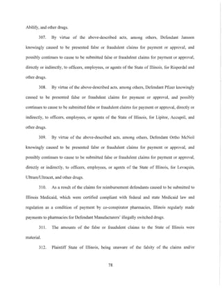 Abilify, and other drugs.
307. By virtue of the above-described acts, among others, Defendant Janssen
knowingly caused to be presented false or fraudulent claims for payment or approval, and
possibly continues to cause to be submitted false or fraudulent claims for payment or approval,
directly or indirectly, to officers, employees, or agents of the State of Illinois, tor Risperdal and
other drugs.
308. By virtue of the above-described acts, among others, Defendant Pfizer knowingly
caused to be presented false or fraudulent claims for payment or approval, and possibly
continues to cause to be submitted false or fraudulent claims for payment or approval, directly or
indirectly, to officers, employees, or agents of the State of Illinois, for Lipitor, Accupril, and
other drugs.
309. By virtue of the above-described acts, among others, Defendant Ortho McNeil
knowingly caused to be presented false or fraudulent claims for payment or approval, and
possibly continues to cause to be submitted false or fraudulent claims for payment or approval,
directly or indirectly, to officers, employees, or agents of the State of Illinois, for Levaquin,
Ultram/Ultracet, and other drugs.
310. As a result of the claims for reimbursement defendants caused to be submitted to
Illinois Medicaid, which were certified compliant with federal and state Medicaid law and
regulation as a condition of payment by co-conspirator pharmacies, Illinois regularly made
payments to pharmacies for Defendant Manufacturers' illegally switched drugs.
311. The amounts of the false or fraudulent claims to the State of Illinois were
material.
312. Plaintiff State of Illinois, being unaware of the falsity of the claims and/or
78
 