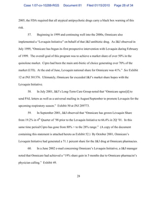28
2005, the FDA required that all atypical antipsychotic drugs carry a black box warning of this
risk.
57. Beginning in 1999 and continuing well into the 2000s, Omnicare also
implemented a “Levaquin Initiative” on behalf of that J&J antibiotic drug. As J&J observed in
July 1999, “Omnicare has begun its first prospective intervention with Levaquin during February
of 1999. The overall goal of this program was to achieve a market share of over 50% in the
quinolone market. Cipro had been the main anti-biotic of choice generating over 70% of the
market (UTI). At the end of June, Levaquin national share for Omnicare was 41%.” See Exhibit
12 at JNJ 301376. Ultimately, Omnicare far exceeded J&J’s market share hopes with the
Levaquin Initiative.
58. In July 2001, J&J’s Long-Term Care Group noted that “Omnicare agree[d] to
send PAL letters as well as a universal mailing in August/September to promote Levaquin for the
upcoming respiratory season.” Exhibit 50 at JNJ 289773.
59. In September 2001, J&J observed that “Omnicare has grown Levaquin Share
from 19.2% in 4th
Quarter of ’98 prior to the Levaquin Initiative to 66.4% in 2Q ’01. In this
same time period Cipro has gone from 80% + to the 28% range.” (A copy of the document
containing this statement is attached hereto as Exhibit 52.) By October 2001, Omnicare’s
Levaquin Initiative had generated a 71.1 percent share for the J&J drug at Omnicare pharmacies.
60. In a June 2002 e-mail concerning Omnicare’s Levaquin Initiative, a J&J manager
noted that Omnicare had achieved a “19% share gain in 5 months due to Omnicare pharmacist’s
physician calling.” Exhibit 49.
Case 1:07-cv-10288-RGS Document 81 Filed 01/15/2010 Page 28 of 34
 