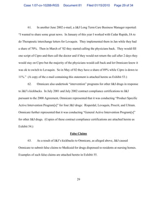 29
61. In another June 2002 e-mail, a J&J Long Term Care Business Manager reported:
“I wanted to share some great news. In January of this year I worked with Cedar Rapids, IA to
do Therapeutic interchange letters for Levaquin. They implemented them in Jan while they had
a share of 70%. Then in March of ’02 they started calling the physicians back. They would fill
one script of Cipro and then call the doctor and if they would not return the call after 2 days they
would stay on Cipro but the majority of the physicians would call back and let Omnicare know it
was ok to switch to Levaquin. So in May of 02 they have a share of 89% while Cipro is down to
11%.” (A copy of the e-mail containing this statement is attached hereto as Exhibit 53.)
62. Omnicare also undertook “intervention” programs for other J&J drugs in response
to J&J’s kickbacks. In July 2001 and July 2002 contract compliance certifications to J&J
pursuant to the 2000 Agreement, Omnicare represented that it was conducting “Product Specific
Active Intervention Program[s]” for four J&J drugs: Risperdal, Levaquin, Procrit, and Ultram.
Omnicare further represented that it was conducting “General Active Intervention Program[s]”
for other J&J drugs. (Copies of these contract compliance certifications are attached hereto as
Exhibit 54.)
False Claims
63. As a result of J&J’s kickbacks to Omnicare, as alleged above, J&J caused
Omnicare to submit false claims to Medicaid for drugs dispensed to residents at nursing homes.
Examples of such false claims are attached hereto in Exhibit 55.
Case 1:07-cv-10288-RGS Document 81 Filed 01/15/2010 Page 29 of 34
 