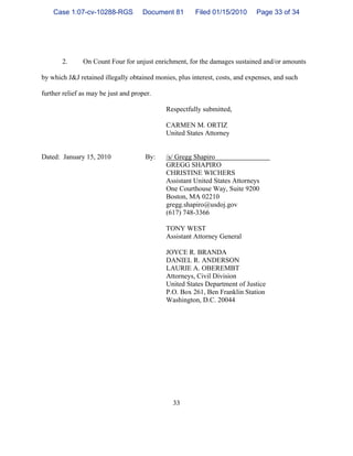 33
2. On Count Four for unjust enrichment, for the damages sustained and/or amounts
by which J&J retained illegally obtained monies, plus interest, costs, and expenses, and such
further relief as may be just and proper.
Respectfully submitted,
CARMEN M. ORTIZ
United States Attorney
Dated: January 15, 2010 By: /s/ Gregg Shapiro
GREGG SHAPIRO
CHRISTINE WICHERS
Assistant United States Attorneys
One Courthouse Way, Suite 9200
Boston, MA 02210
gregg.shapiro@usdoj.gov
(617) 748-3366
TONY WEST
Assistant Attorney General
JOYCE R. BRANDA
DANIEL R. ANDERSON
LAURIE A. OBEREMBT
Attorneys, Civil Division
United States Department of Justice
P.O. Box 261, Ben Franklin Station
Washington, D.C. 20044
Case 1:07-cv-10288-RGS Document 81 Filed 01/15/2010 Page 33 of 34
 