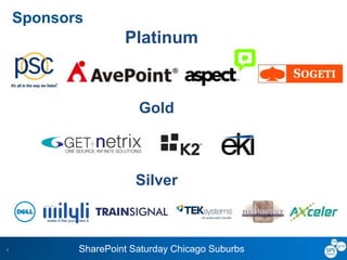 SharePoint Saturday Chicago Suburbs1
Sponsors
Platinum
Gold
Silver
 