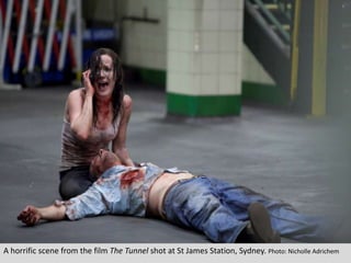 A horrific scene from the film The Tunnel shot at St James Station, Sydney. Photo: NicholleAdrichem