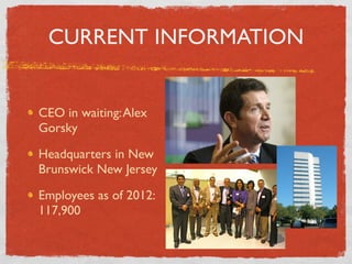 CURRENT INFORMATION


CEO in waiting: Alex
Gorsky

Headquarters in New
Brunswick New Jersey

Employees as of 2012:
117,900
 