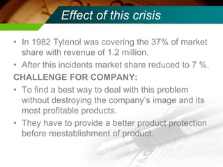 Effect of this crisis
• In 1982 Tylenol was covering the 37% of market
share with revenue of 1.2 million.
• After this incidents market share reduced to 7 %.
CHALLENGE FOR COMPANY:
• To find a best way to deal with this problem
without destroying the company’s image and its
most profitable products.
• They have to provide a better product protection
before reestablishment of product.
 