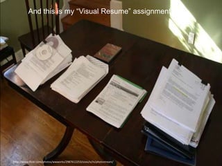And this is my “Visual Resume” assignment




http://www.flickr.com/photos/wwworks/2987612253/sizes/o/in/photostream/
 