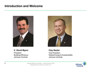 Introduction and WelcomeEnergy Efficiency Indicator – North America 2010Copyright 2010 Johnson Controls, Inc.2C. David MyersPresident Building EfficiencyJohnson ControlsClay NeslerVice President Global Energy & SustainabilityJohnson Controls