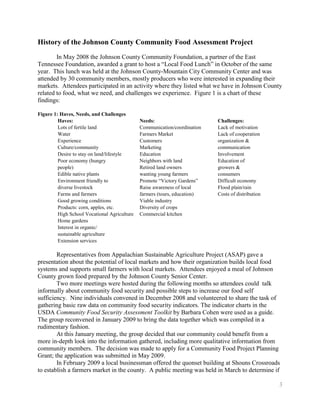 History of the Johnson County Community Food Assessment Project
        In May 2008 the Johnson County Community Foundation, a partner of the East
Tennessee Foundation, awarded a grant to host a ―Local Food Lunch‖ in October of the same
year. This lunch was held at the Johnson County-Mountain City Community Center and was
attended by 30 community members, mostly producers who were interested in expanding their
markets. Attendees participated in an activity where they listed what we have in Johnson County
related to food, what we need, and challenges we experience. Figure 1 is a chart of these
findings:

Figure 1: Haves, Needs, and Challenges
         Haves:                               Needs:                       Challenges:
         Lots of fertile land                 Communication/coordination   Lack of motivation
         Water                                Farmers Market               Lack of cooperation
         Experience                           Customers                    organization &
         Culture/community                    Marketing                    communication
         Desire to stay on land/lifestyle     Education                    Involvement
         Poor economy (hungry                 Neighbors with land          Education of
         people)                              Retired land owners          growers &
         Edible native plants                 wanting young farmers        consumers
         Environment friendly to              Promote ―Victory Gardens‖    Difficult economy
         diverse livestock                    Raise awareness of local     Flood plain/rain
         Farms and farmers                    farmers (tours, education)   Costs of distribution
         Good growing conditions              Viable industry
         Products: corn, apples, etc.         Diversity of crops
         High School Vocational Agriculture   Commercial kitchen
         Home gardens
         Interest in organic/
         sustainable agriculture
         Extension services

        Representatives from Appalachian Sustainable Agriculture Project (ASAP) gave a
presentation about the potential of local markets and how their organization builds local food
systems and supports small farmers with local markets. Attendees enjoyed a meal of Johnson
County grown food prepared by the Johnson County Senior Center.
        Two more meetings were hosted during the following months so attendees could talk
informally about community food security and possible steps to increase our food self
sufficiency. Nine individuals convened in December 2008 and volunteered to share the task of
gathering basic raw data on community food security indicators. The indicator charts in the
USDA Community Food Security Assessment Toolkit by Barbara Cohen were used as a guide.
The group reconvened in January 2009 to bring the data together which was compiled in a
rudimentary fashion.
        At this January meeting, the group decided that our community could benefit from a
more in-depth look into the information gathered, including more qualitative information from
community members. The decision was made to apply for a Community Food Project Planning
Grant; the application was submitted in May 2009.
        In February 2009 a local businessman offered the quonset building at Shouns Crossroads
to establish a farmers market in the county. A public meeting was held in March to determine if

                                                                                                   3
 