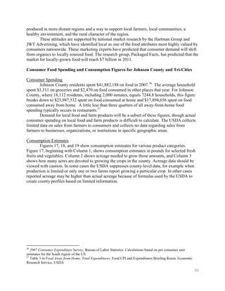 produced in more distant regions and a way to support local farmers, local communities, a
healthy environment, and the rural character of the region.
       These attitudes are supported by national market research by the Hartman Group and
JWT Advertising, which have identified local as one of the food attributes most highly valued by
consumers nationwide. These marketing experts have predicted that consumer demand will shift
from organics to locally sourced food. The research group, Packaged Facts, has predicted that the
market for locally-grown food will reach $7 billion in 2011.

Consumer Food Spending and Consumption Figures for Johnson County and Tri-Cities

Consumer Spending
        Johnson County residents spent $41,882,188 on food in 2007.36 The average household
spent $3,311 on groceries and $2,470 on food consumed in other places that year. For Johnson
County, where 18,112 residents, including 2,000 inmates, equals 7244.8 households, this figure
breaks down to $23,987,532 spent on food consumed at home and $17,894,656 spent on food
consumed away from home. A little less than three quarters of all away-from-home food
spending typically occurs in restaurants.37
        Demand for local food and farm products will be a subset of these figures, though actual
consumer spending on local food and farm products is difficult to calculate. The USDA collects
limited data on sales from farmers to consumers and collects no data regarding sales from
farmers to businesses, organizations, or institutions in specific geographic areas.

Consumption Estimates
        Figures 17, 18, and 19 show consumption estimates for various product categories.
Figure 17, beginning with Column 1, shows consumption estimates in pounds for selected fresh
fruits and vegetables. Column 2 shows acreage needed to grow those amounts, and Column 3
shows how many acres are devoted to growing the crops in the county. Acreage data should be
viewed with caution. In some cases the USDA suppresses county-level data, for example when
production is limited or only one or two farms report growing a particular crop. In other cases
reported acreage may be higher than actual acreage because of formulas used by the USDA to
create county profiles based on limited information.




36
   2007 Consumer Expenditure Survey, Bureau of Labor Statistics. Calculations based on per consumer unit
estimates for the South region of the US
37
   Table 3 in Food Away from Home. Total Expenditures. Food CPI and Expenditures Briefing Room. Economic
Research Service, USDA

                                                                                                           30
 