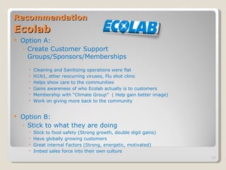 Recommendation   Ecolab Option A: Create Customer Support Groups/Sponsors/Memberships Cleaning and Sanitizing operations were flat H1N1, other reocurring viruses, Flu shot clinic Helps show care to the communities Gains awareness of who Ecolab actually is to customers Membership with “Climate Group”  ( Help gain better image) Work on giving more back to the community Option B: Stick to what they are doing Stick to food safety (Strong growth, double digit gains) Have globally growing customers Great internal Factors (Strong, energetic, motivated) Imbed sales force into their own culture 