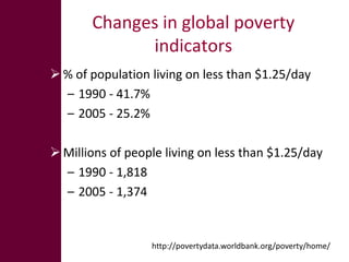 Changes in global poverty
             indicators
 % of population living on less than $1.25/day
  – 1990 - 41.7%
  – 200...