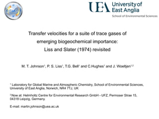 Transfer velocities for a suite of trace gases of  emerging biogeochemical importance:  Liss and Slater (1974) revisited  M. T. Johnson 1 , P. S. Liss 1 , T.G. Bell 1  and C.Hughes 1  and J. Woeltjen 1,2   1  Laboratory for Global Marine and Atmospheric Chemistry, School of Environmental Sciences, University of East Anglia, Norwich, NR4 7TJ, UK  2  Now at:  Helmholtz Centre for Environmental Research GmbH - UFZ, Permoser Strae 15, 04318 Leipzig, Germany. E-mail: martin.johnson@uea.ac.uk  