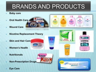 BRANDS AND PRODUCTS
 Baby care
 Oral Health Care
 Wound Care
 Nicotine Replacement Theory
 Skin and Hair Care
 Women’s Health
 Nutritionals
 Non-Prescription Drugs
 Eye Care
 
