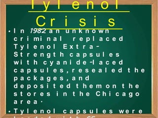 Ty l e n o l
• I
       C ar n iu n k n oi w ns
   n 1982
                   s
  c r   i   mi n a l   r e pl a c e d
  Ty    l   e nol Ex t r a -
  St    r   e ngt h c a ps ul e s
  wi    t   h c y a n i d e -l a c e d
  c a   p   s ul e s , r e s e a l e d t he
  pa    c   k a ge s , a nd
  de    p   os i t e d t he m on t he
  s t   o   r e s i n t h e Ch i c a g o
  a r   e   a .
• Ty    l   e n o l c a p s u l e s we r e
 