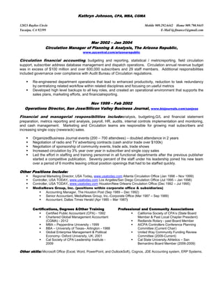 Kathryn Johnson, CPA, MBA, CGMA

12023 Baylies Circle                                                              Mobile 909.292.6442 Home 909.790.9445
Yucaipa, CA 92399                                                                            E-Mail kj.finance1@gmail.com


                                        Mar 2002 – Jan 2004
                  Circulation Manager of Planning & Analysis, The Arizona Republic ,
                                          www.azcentral.com/arizonarepublic

Circulation financial accounting, budgeting and reporting, statistical / metricreporting, field circulation
support, subscriber address database management and dispatch operations. Circulation annual revenue budget
was in excess of $100 million and over 600,000 subscribers and 29 staff members. Additional responsibilities
included governance over compliance with Audit Bureau of Circulation regulations.

        Re-engineered department operations that lead to enhanced productivity, reduction to task redundancy
         by centralizing related workflow within related disciplines and focusing on useful metrics
        Developed high level backups to all key roles, and created an operational environment that supports the
         sales plans, marketing efforts, and financialreporting.

                                    Nov 1999 – Feb 2002
   Operations Director, San Jose/Silicon Valley Business Journal ,                    www.bizjournals.com/sanjose

Financial and managerial responsibilities includeanalysis, budgeting,G/L and financial statement
preparation, metrics reporting and analysis, payroll, HR, audits, internal controls implementation and monitoring,
and cash management. Marketing and Circulation teams are responsible for growing mail subscribers and
increasing single copy (newsrack) sales.

        OrganizedBusiness Journal events (200 – 700 attendees) – doubled attendance in 2 years
        Negotiation of radio and TV advertising contracts (cash and/or trade over $100k)
        Negotiation of sponsorship of community events, trade ads, trade shows
        Increased circulation by 3% year over year in subscriber and single copy sales
        Led the effort in staffing and training personnel in all functional departments after the previous publisher
         started a competitive publication. Seventy percent of the staff under his leadership joined his new team
         over a period of 6 months leaving critical position openings that had to be staffed quickly.

Other Positions Include:
        Regional Marketing Director; USA Today, www.usatoday.com Atlanta Circulation Office (Jan 1998 – Nov 1999)
        Controller, USA TODAY, www.usatoday.com Los Angeles/San Diego Circulation Office (Jul 1995 – Jan 1998)
        Controller, USA TODAY, www.usatoday.com Houston/New Orleans Circulation Office (Dec 1992 – Jul 1995)
        MediaNews Group, Inc. (positions within corporate office & subsidiaries)
                 Accounting Manager, The Houston Post (Sep 1989 – Dec 1992)
                 Senior Accountant, MediaNews Group, Inc.-Corporate Office (Mar 1987 – Sep 1989)
                 Accountant, Dallas Times Herald (Apr 1985 – Mar 1987)

         Certifications, Degrees &Other Training                Professional and Community Associations
                Certified Public Accountant (CPA) - 1992                California Society of CPA’s (State Board
                Chartered Global Management Accountant                   Member & Past Local Chapter President)
                 (CGMA) - 2012                                           Redlands Rotary - past Board Member
                MBA – Pepperdine University - 1999                      AICPA Controllers Conference Planning
                BBA – University of Texas– Arlington - 1988              Committee (Current Chair)
                Global Enterprise Management & Political                United Way Community Funding Review
                 Economy- Oxford University, UK; 2001                     Committee (2009-Current)
                Cal Society of CPA Leadership Institute -               Cal State University Athletics – San
                 2009                                                     Bernardino Board Member (2006-2009)

Other skills: Microsoft Office (Excel, Word, PowerPoint, and OutlookSoft), Cognos, JDE Accounting system, ERP Systems.
 