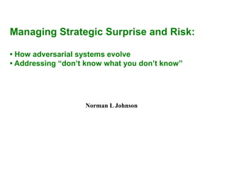Managing Strategic Surprise and Risk:
• How adversarial systems evolve
• Addressing “don’t know what you don’t know”

Norman L Johnson
norman@santafe.edu

 