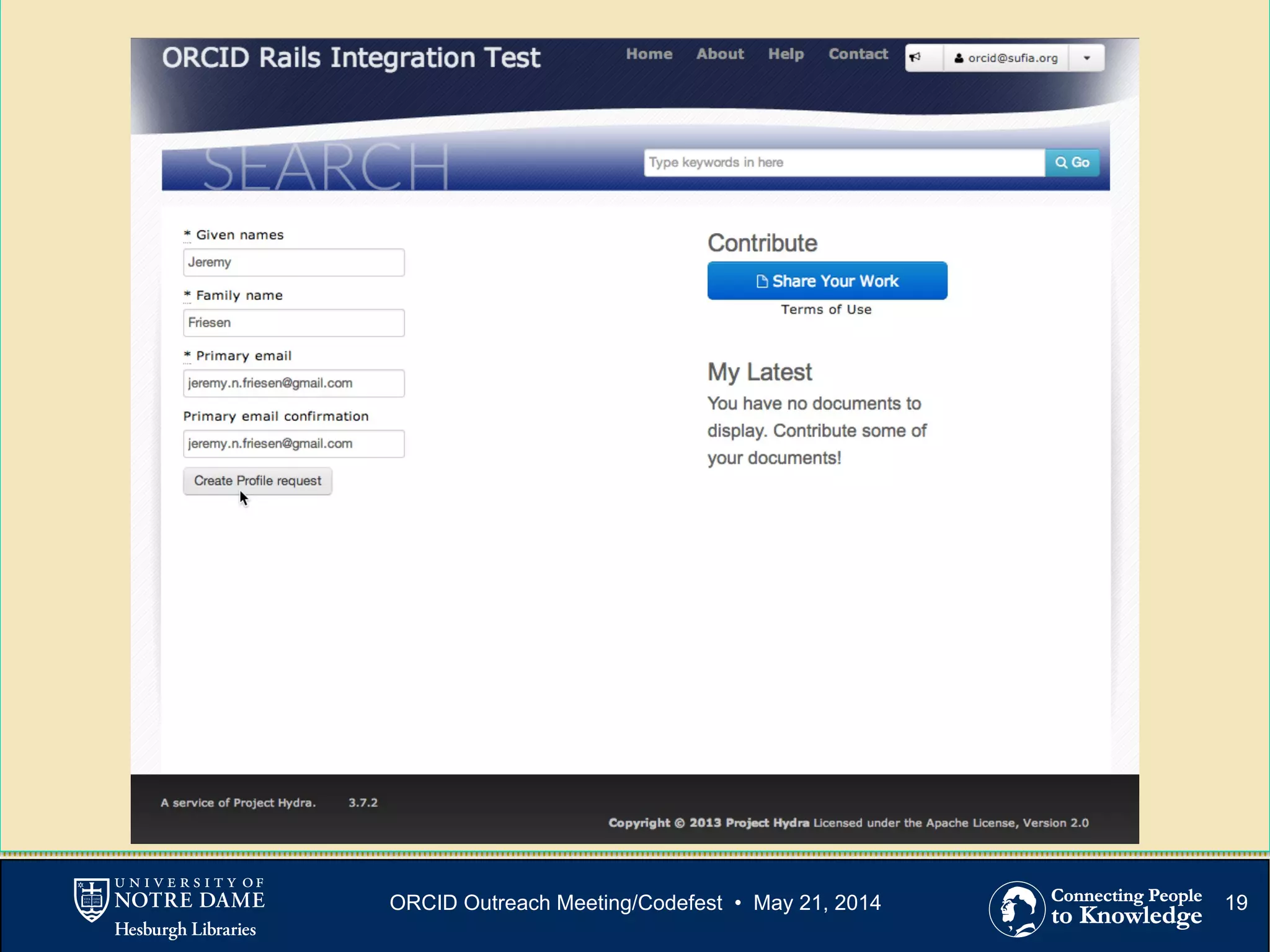 19ORCID Outreach Meeting/Codefest • May 21, 2014
 