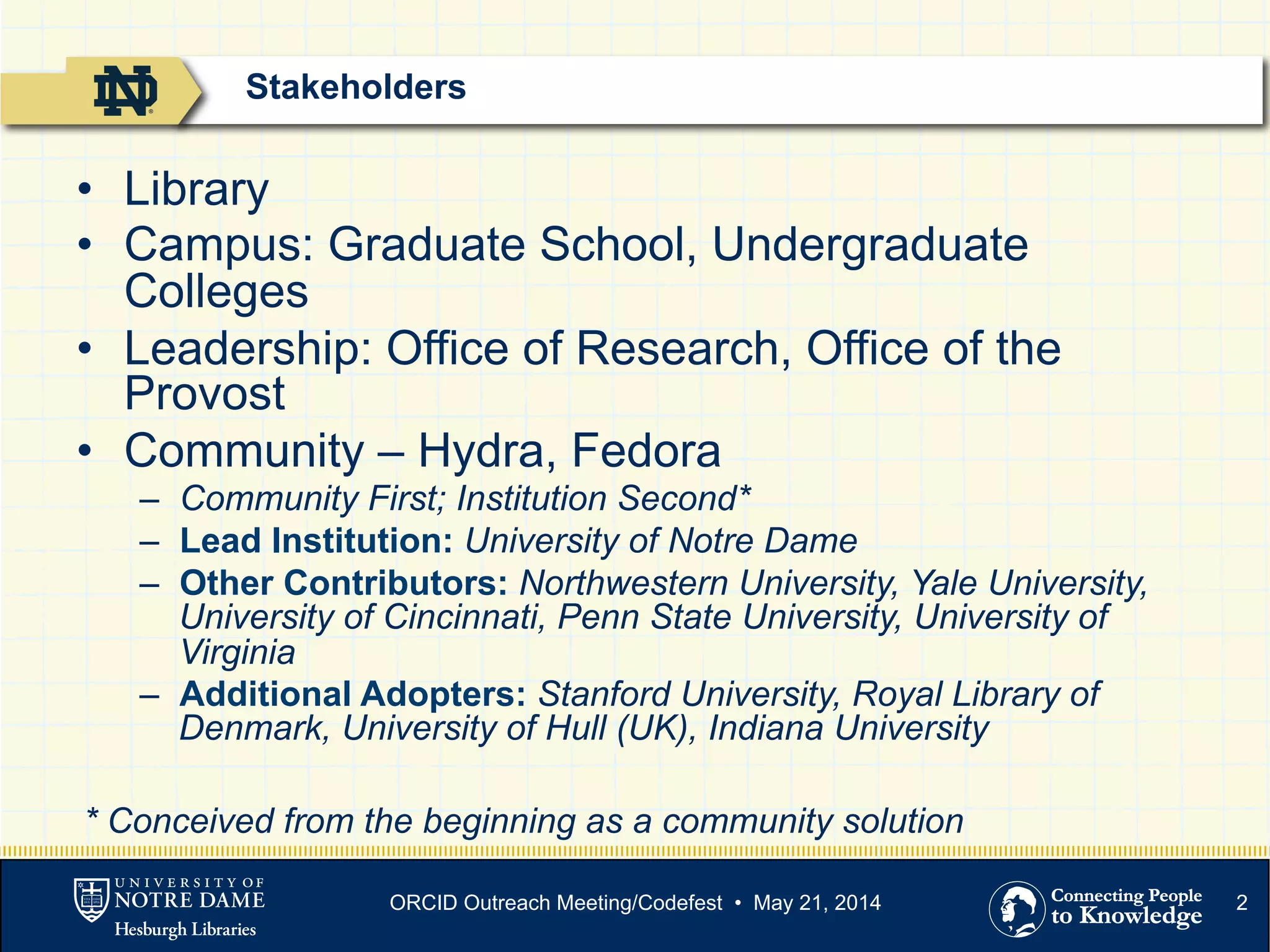 2
•  Library
•  Campus: Graduate School, Undergraduate
Colleges
•  Leadership: Office of Research, Office of the
Provost
•  Community – Hydra, Fedora
–  Community First; Institution Second*
–  Lead Institution: University of Notre Dame
–  Other Contributors: Northwestern University, Yale University,
University of Cincinnati, Penn State University, University of
Virginia
–  Additional Adopters: Stanford University, Royal Library of
Denmark, University of Hull (UK), Indiana University
* Conceived from the beginning as a community solution
Stakeholders
ORCID Outreach Meeting/Codefest • May 21, 2014
 