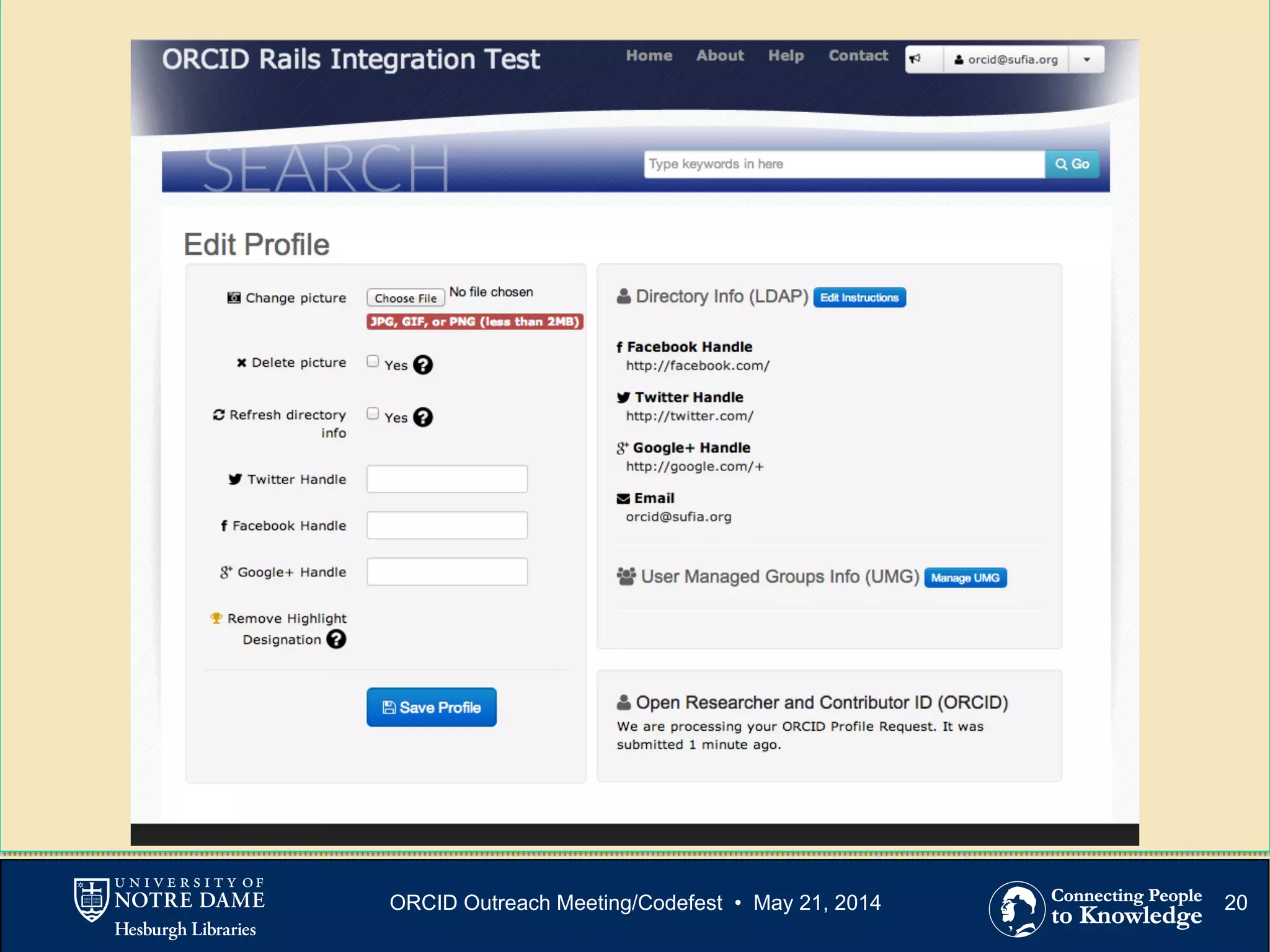 20ORCID Outreach Meeting/Codefest • May 21, 2014
 