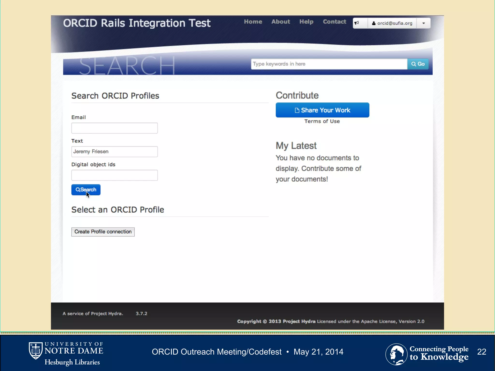 22ORCID Outreach Meeting/Codefest • May 21, 2014
 