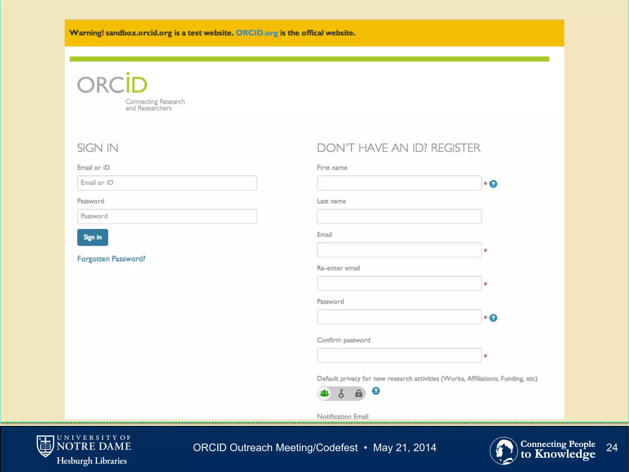 24ORCID Outreach Meeting/Codefest • May 21, 2014
 