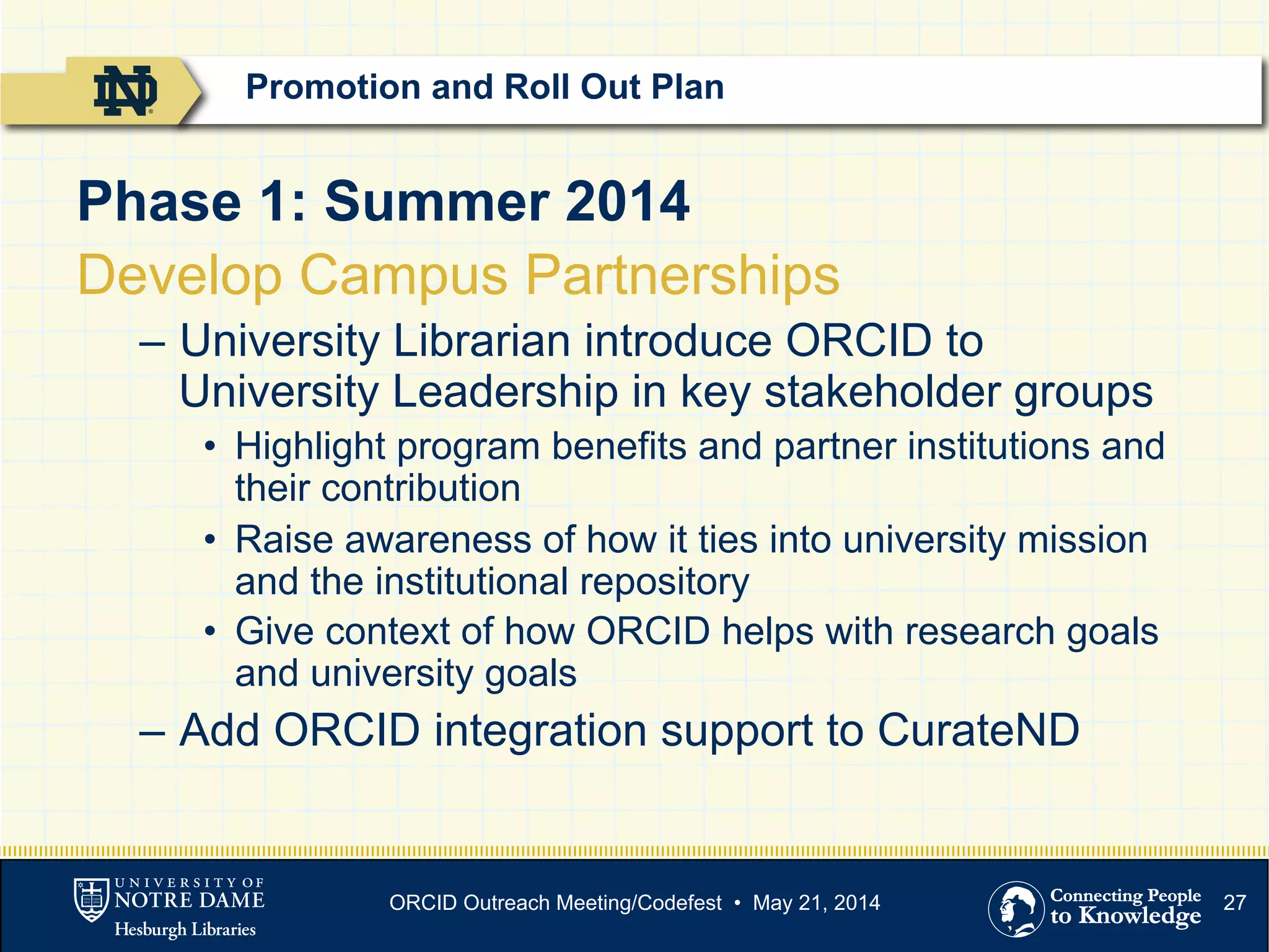 27
Phase 1: Summer 2014
Develop Campus Partnerships
–  University Librarian introduce ORCID to
University Leadership in key stakeholder groups
•  Highlight program benefits and partner institutions and
their contribution
•  Raise awareness of how it ties into university mission
and the institutional repository
•  Give context of how ORCID helps with research goals
and university goals
–  Add ORCID integration support to CurateND
Promotion and Roll Out Plan
ORCID Outreach Meeting/Codefest • May 21, 2014
 