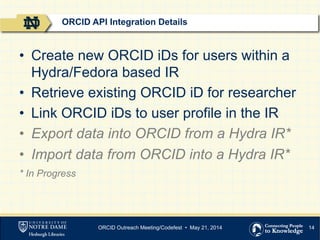14
•  Create new ORCID iDs for users within a
Hydra/Fedora based IR
•  Retrieve existing ORCID iD for researcher
•  Link ORCID iDs to user profile in the IR
•  Export data into ORCID from a Hydra IR*
•  Import data from ORCID into a Hydra IR*
* In Progress
ORCID API Integration Details
ORCID Outreach Meeting/Codefest • May 21, 2014
 