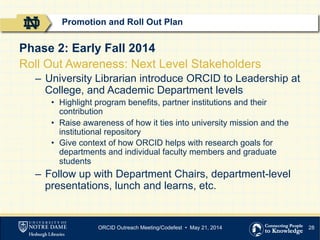 28
Phase 2: Early Fall 2014
Roll Out Awareness: Next Level Stakeholders
–  University Librarian introduce ORCID to Leadership at
College, and Academic Department levels
•  Highlight program benefits, partner institutions and their
contribution
•  Raise awareness of how it ties into university mission and the
institutional repository
•  Give context of how ORCID helps with research goals for
departments and individual faculty members and graduate
students
–  Follow up with Department Chairs, department-level
presentations, lunch and learns, etc.
Promotion and Roll Out Plan
ORCID Outreach Meeting/Codefest • May 21, 2014
 