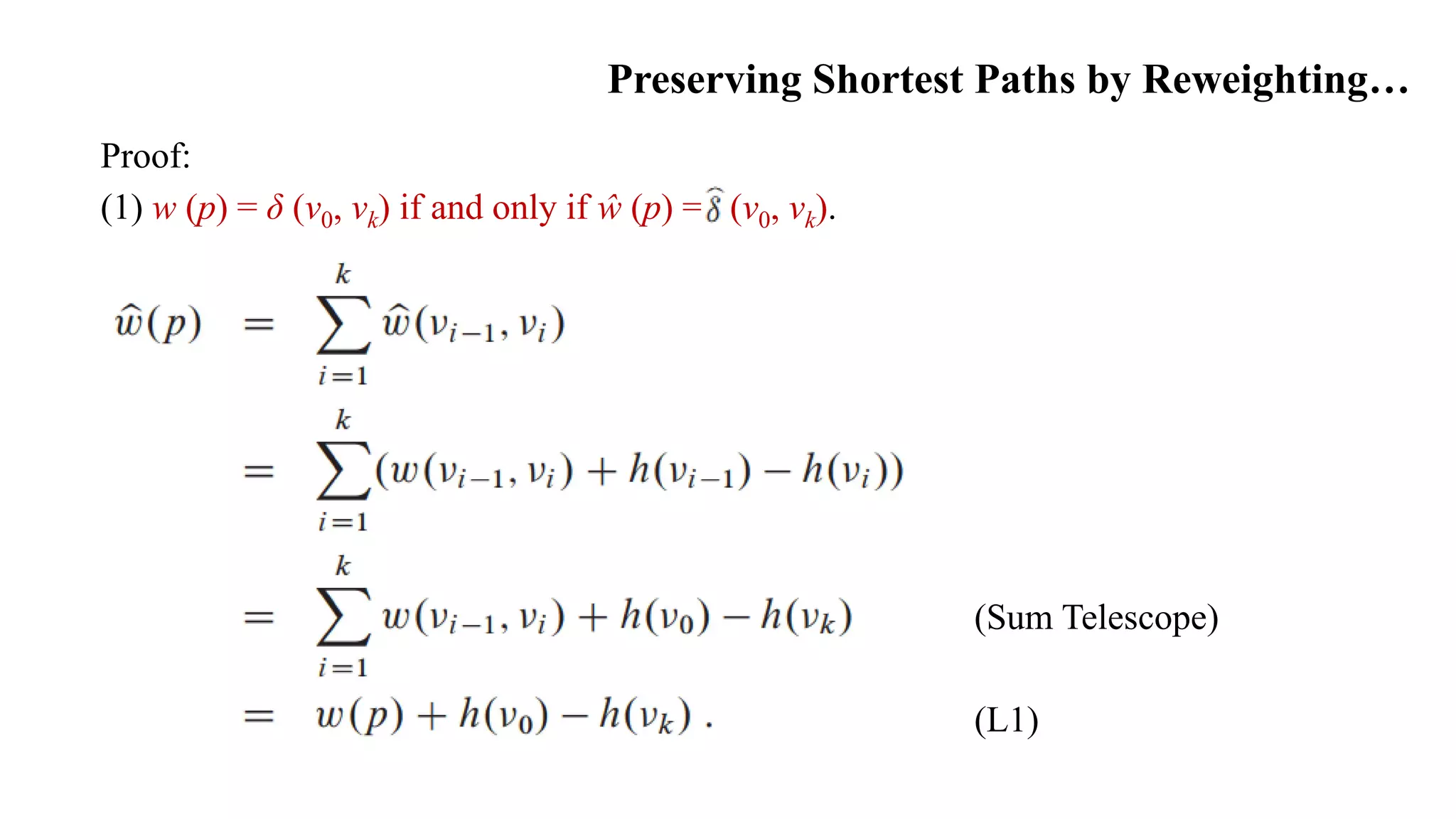 Preserving Shortest Paths by Reweighting…
Proof:
(1) w (p) = δ (v0, vk) if and only if ŵ (p) = (v0, vk).
(Sum Telescope)
(L1)
 