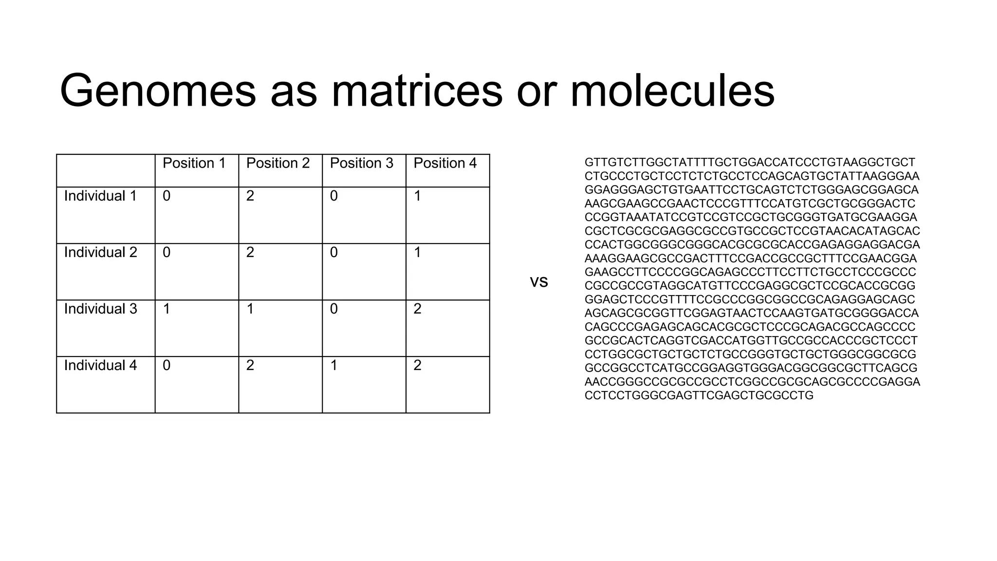 Genomes as matrices or molecules
Position 1 Position 2 Position 3 Position 4
Individual 1 0 2 0 1
Individual 2 0 2 0 1
Individual 3 1 1 0 2
Individual 4 0 2 1 2
GTTGTCTTGGCTATTTTGCTGGACCATCCCTGTAAGGCTGCT
CTGCCCTGCTCCTCTCTGCCTCCAGCAGTGCTATTAAGGGAA
GGAGGGAGCTGTGAATTCCTGCAGTCTCTGGGAGCGGAGCA
AAGCGAAGCCGAACTCCCGTTTCCATGTCGCTGCGGGACTC
CCGGTAAATATCCGTCCGTCCGCTGCGGGTGATGCGAAGGA
CGCTCGCGCGAGGCGCCGTGCCGCTCCGTAACACATAGCAC
CCACTGGCGGGCGGGCACGCGCGCACCGAGAGGAGGACGA
AAAGGAAGCGCCGACTTTCCGACCGCCGCTTTCCGAACGGA
GAAGCCTTCCCCGGCAGAGCCCTTCCTTCTGCCTCCCGCCC
CGCCGCCGTAGGCATGTTCCCGAGGCGCTCCGCACCGCGG
GGAGCTCCCGTTTTCCGCCCGGCGGCCGCAGAGGAGCAGC
AGCAGCGCGGTTCGGAGTAACTCCAAGTGATGCGGGGACCA
CAGCCCGAGAGCAGCACGCGCTCCCGCAGACGCCAGCCCC
GCCGCACTCAGGTCGACCATGGTTGCCGCCACCCGCTCCCT
CCTGGCGCTGCTGCTCTGCCGGGTGCTGCTGGGCGGCGCG
GCCGGCCTCATGCCGGAGGTGGGACGGCGGCGCTTCAGCG
AACCGGGCCGCGCCGCCTCGGCCGCGCAGCGCCCCGAGGA
CCTCCTGGGCGAGTTCGAGCTGCGCCTG
vs
 