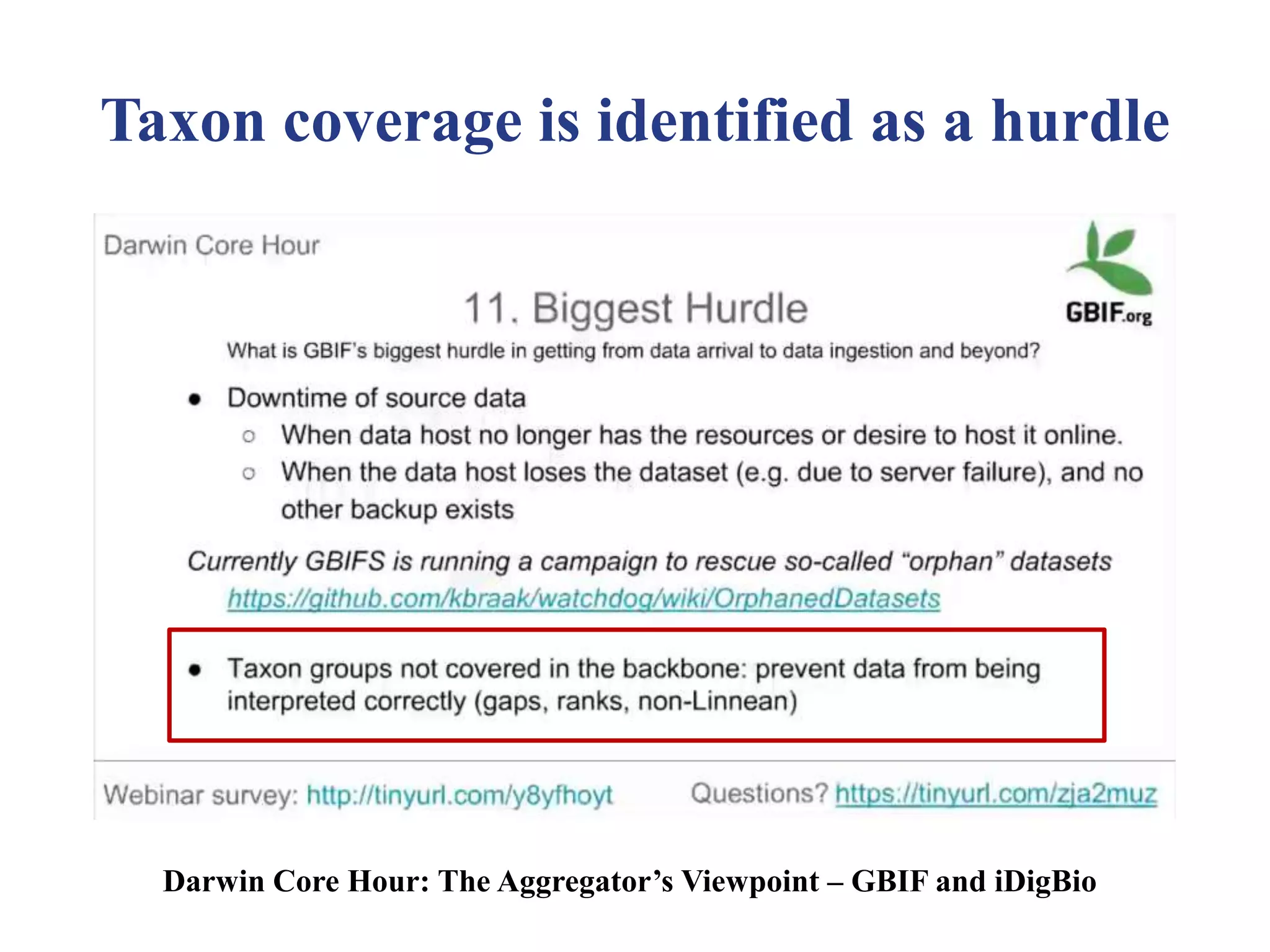 Taxon coverage is identified as a hurdle
Darwin Core Hour: The Aggregator’s Viewpoint – GBIF and iDigBio
 