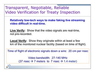 Transparent, Negotiable, Reliable 
Video Verification for Treaty Inspection 
Relatively low-tech ways to make faking live streaming 
video difficult in real-time. 
Live Verify: Show that the video signals are real-time, 
not pre-recorded. 
Local Verify: Show they originate within at least a few 
km of the monitored nuclear facility (based on time of flight). 
Time of flight of electronic signals down a wire: 20 cm per nsec 
Video bandwidth: 27-140 MHz 
(37 nsec à 7 meters to 7 nsec à 1.4 meter) 
 