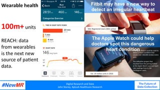 Digital	Research	and	Data	
John	Storey,	AplusA	Healthcare	Research	
The Future of
Data Collection
	
	
Fitbit may have a new way to
detect an irregular heartbeat
Ref.	TIME	Lisa	Eadicicco	Aug	21,	2017	Time	
The Apple Watch could help
doctors spot this dangerous
heart conditionThe	Apple	Watch	could	be	used	to	
detect	a	heart	condi<on	that	
causes	over	100,000	strokes	every	
year,		
	
The	mRhythm	project	that	
resulted	from	the	pairing	looked	
at	the	Apple	Watch-sourced	heart	
rate	readings	from	6,158	
Cardiogram	users.	
Ref.	Mashable,		BRETT	WILLIAMS	MAY	12,	2017	
50m	Registered	Users	(30m	ac<ve)	
Est.	14	million	units	in	2016	
Wearable	health		
	
	
100m+	units	
	
REACH:	data	
from	wearables	
is	the	next	new	
source	of	pa<ent	
data.	
Digital	Research	and	Data	
John	Storey,	AplusA	Healthcare	Research	
The Future of
Data Collection
	
	
 