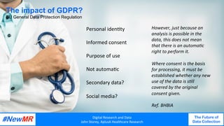 Digital	Research	and	Data	
John	Storey,	AplusA	Healthcare	Research	
The Future of
Data Collection
	
	
Digital	Research	and	Data	
John	Storey,	AplusA	Healthcare	Research	
The Future of
Data Collection
	
	
The impact of GDPR?
EU General Data Protection Regulation	
However,	just	because	an	
analysis	is	possible	in	the	
data,	this	does	not	mean	
that	there	is	an	automa4c	
right	to	perform	it.		
	
Where	consent	is	the	basis	
for	processing,	it	must	be	
established	whether	any	new	
use	of	the	data	is	s4ll	
covered	by	the	original	
consent	given.		
	
Ref.	BHBIA	
Personal	iden<ty	
	
Informed	consent	
	
Purpose	of	use	
	
Not	automa<c	
	
Secondary	data?	
	
Social	media?	
 