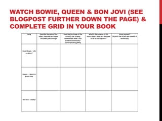 WATCH BOWIE, QUEEN & BON JOVI (SEE
BLOGPOST FURTHER DOWN THE PAGE) &
COMPLETE GRID IN YOUR BOOK
 