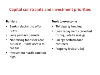 Capital constraints and investment priorities

Barriers                        Tools to overcome
• Banks reluctant to offer      • Third party funding
  loans                         • Loan repayments collected
• Long payback periods            through utility savings
• Not raising funds for core    • Energy performance
  business – finite access to     contracts
  capital                       • Property levies (USA)
• Investment hurdle rate too
  high
 