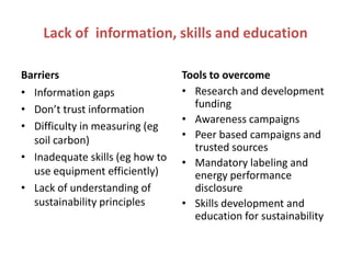 Lack of information, skills and education

Barriers                         Tools to overcome
• Information gaps               • Research and development
• Don’t trust information          funding
                                 • Awareness campaigns
• Difficulty in measuring (eg
  soil carbon)                   • Peer based campaigns and
                                   trusted sources
• Inadequate skills (eg how to   • Mandatory labeling and
  use equipment efficiently)       energy performance
• Lack of understanding of         disclosure
  sustainability principles      • Skills development and
                                   education for sustainability
 
