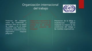 Organización internacional
del trabajo
Proteccion del trabajador
contra las condiciones y
peligroso físico en su puesto
de trabajo y en el medio
ambiente; ruido, vibraciones ,
radiaciones condiciones termo
higrometrica , maquinas
peligrosas .
Adaptacion ergonómica de
instalaciones y procesos de
trabajos a las actitudes
físicas y psíquicas del
trabajador.
Prevencion de la fátiga e
insatisfacción laboral
mediante la mejora de las
condiciones del trabajo y
las medidas organizativas.
 