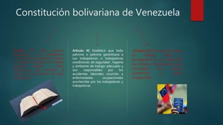 Constitución bolivariana de Venezuela
Articulo 87 Todo patrono
garantizara a sus trabajadores
condiciones de seguridad , higiene
y ambiente adecuado. El estado
adoptara medidas y creara
instituciones que permitan el
control y la promoción de estas
condiciones.
Articulo 43 Establece que todo
patrono o patrona garantizara a
sus trabajadores o trabajadoras
condiciones de seguridad , higiene
y ambiente de trabajo adecuado y
son responsables por los
accidentes laborales ocurrido y
enfermedades ocupacionales
acontecidas por los trabajadores y
trabajadoras
Articulo 44 Para que participe
de manera activa y
protagónica en el desarrollo
de planes y herramientas que
consoliden una cultura
preventiva y salud
ocupacional.
 