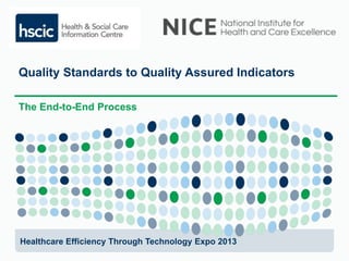Quality Standards to Quality Assured 
Indicators 
The End-to-End Process 
Healthcare Efficiency Through Technology Expo 2013 
 