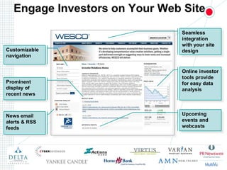 Engage Investors on Your Web SiteSeamless integration with your site designCustomizable navigationOnline investor tools provide for easy data analysisProminent display of recent newsUpcoming events and webcastsNews email alerts & RSS feeds
