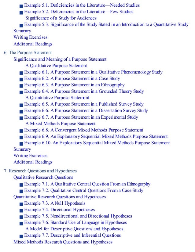 Example 5.1. Deficiencies in the Literature—Needed Studies
Example 5.2. Deficiencies in the Literature—Few Studies
Significance of a Study for Audiences
Example 5.3. Significance of the Study Stated in an Introduction to a Quantitative Study
Summary
Writing Exercises
Additional Readings
6. The Purpose Statement
Significance and Meaning of a Purpose Statement
A Qualitative Purpose Statement
Example 6.1. A Purpose Statement in a Qualitative Phenomenology Study
Example 6.2. A Purpose Statement in a Case Study
Example 6.3. A Purpose Statement in an Ethnography
Example 6.4. A Purpose Statement in a Grounded Theory Study
A Quantitative Purpose Statement
Example 6.5. A Purpose Statement in a Published Survey Study
Example 6.6. A Purpose Statement in a Dissertation Survey Study
Example 6.7. A Purpose Statement in an Experimental Study
A Mixed Methods Purpose Statement
Example 6.8. A Convergent Mixed Methods Purpose Statement
Example 6.9. An Explanatory Sequential Mixed Methods Purpose Statement
Example 6.10. An Exploratory Sequential Mixed Methods Purpose Statement
Summary
Writing Exercises
Additional Readings
7. Research Questions and Hypotheses
Qualitative Research Questions
Example 7.1. A Qualitative Central Question From an Ethnography
Example 7.2. Qualitative Central Questions From a Case Study
Quantitative Research Questions and Hypotheses
Example 7.3. A Null Hypothesis
Example 7.4. Directional Hypotheses
Example 7.5. Nondirectional and Directional Hypotheses
Example 7.6. Standard Use of Language in Hypotheses
A Model for Descriptive Questions and Hypotheses
Example 7.7. Descriptive and Inferential Questions
Mixed Methods Research Questions and Hypotheses
 
