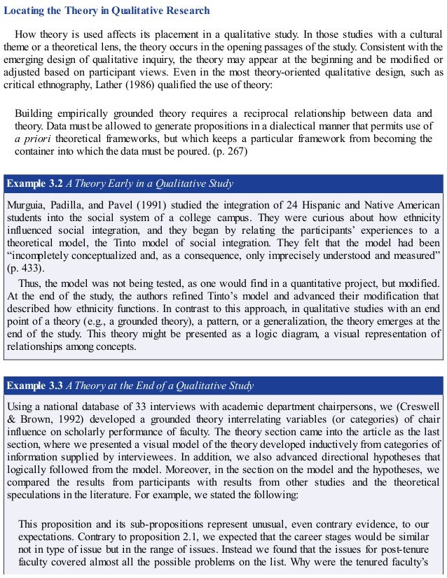Locating the Theory in Qualitative Research
How theory is used affects its placement in a qualitative study. In those studies with a cultural
theme or a theoretical lens, the theory occurs in the opening passages of the study. Consistent with the
emerging design of qualitative inquiry, the theory may appear at the beginning and be modified or
adjusted based on participant views. Even in the most theory-oriented qualitative design, such as
critical ethnography, Lather (1986) qualified the use of theory:
Building empirically grounded theory requires a reciprocal relationship between data and
theory. Data must be allowed to generate propositions in a dialectical manner that permits use of
a priori theoretical frameworks, but which keeps a particular framework from becoming the
container into which the data must be poured. (p. 267)
Example 3.2 A Theory Early in a Qualitative Study
Murguia, Padilla, and Pavel (1991) studied the integration of 24 Hispanic and Native American
students into the social system of a college campus. They were curious about how ethnicity
influenced social integration, and they began by relating the participants’ experiences to a
theoretical model, the Tinto model of social integration. They felt that the model had been
“incompletely conceptualized and, as a consequence, only imprecisely understood and measured”
(p. 433).
Thus, the model was not being tested, as one would find in a quantitative project, but modified.
At the end of the study, the authors refined Tinto’s model and advanced their modification that
described how ethnicity functions. In contrast to this approach, in qualitative studies with an end
point of a theory (e.g., a grounded theory), a pattern, or a generalization, the theory emerges at the
end of the study. This theory might be presented as a logic diagram, a visual representation of
relationships among concepts.
Example 3.3 A Theory at the End of a Qualitative Study
Using a national database of 33 interviews with academic department chairpersons, we (Creswell
& Brown, 1992) developed a grounded theory interrelating variables (or categories) of chair
influence on scholarly performance of faculty. The theory section came into the article as the last
section, where we presented a visual model of the theory developed inductively from categories of
information supplied by interviewees. In addition, we also advanced directional hypotheses that
logically followed from the model. Moreover, in the section on the model and the hypotheses, we
compared the results from participants with results from other studies and the theoretical
speculations in the literature. For example, we stated the following:
This proposition and its sub-propositions represent unusual, even contrary evidence, to our
expectations. Contrary to proposition 2.1, we expected that the career stages would be similar
not in type of issue but in the range of issues. Instead we found that the issues for post-tenure
faculty covered almost all the possible problems on the list. Why were the tenured faculty’s
 
