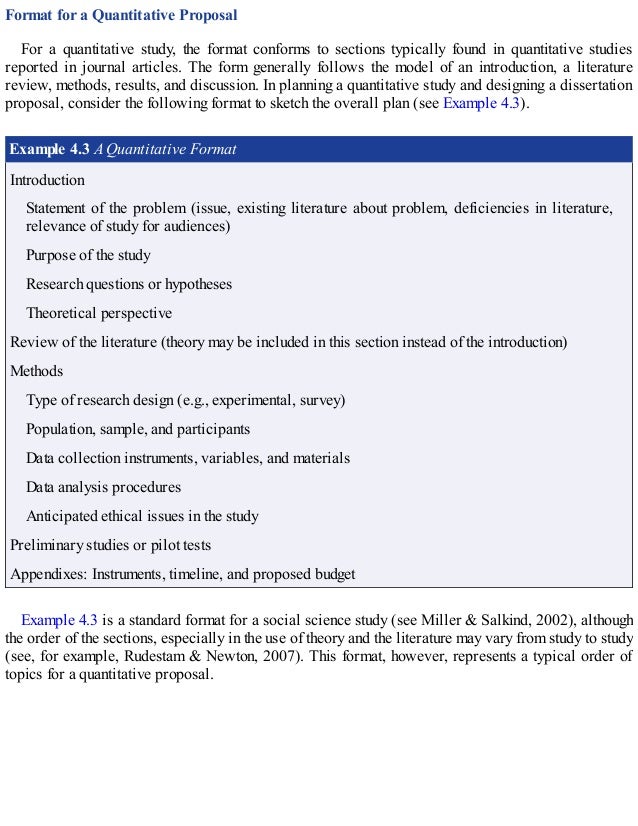 Format for a Quantitative Proposal
For a quantitative study, the format conforms to sections typically found in quantitative studies
reported in journal articles. The form generally follows the model of an introduction, a literature
review, methods, results, and discussion. In planning a quantitative study and designing a dissertation
proposal, consider the following format to sketch the overall plan (see Example 4.3).
Example 4.3 A Quantitative Format
Introduction
Statement of the problem (issue, existing literature about problem, deficiencies in literature,
relevance of study for audiences)
Purpose of the study
Research questions or hypotheses
Theoretical perspective
Review of the literature (theory may be included in this section instead of the introduction)
Methods
Type of research design (e.g., experimental, survey)
Population, sample, and participants
Data collection instruments, variables, and materials
Data analysis procedures
Anticipated ethical issues in the study
Preliminary studies or pilot tests
Appendixes: Instruments, timeline, and proposed budget
Example 4.3 is a standard format for a social science study (see Miller & Salkind, 2002), although
the order of the sections, especially in the use of theory and the literature may vary from study to study
(see, for example, Rudestam & Newton, 2007). This format, however, represents a typical order of
topics for a quantitative proposal.
 
