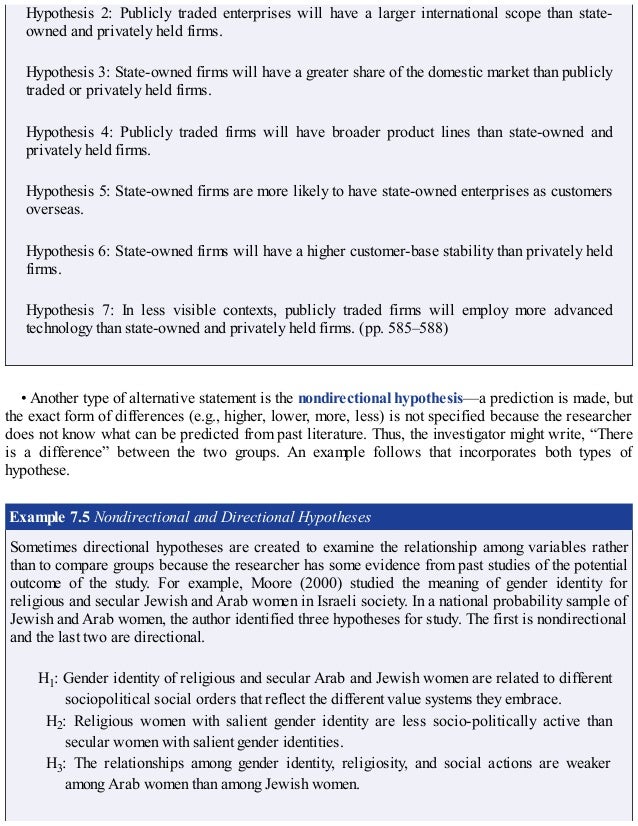 Hypothesis 2: Publicly traded enterprises will have a larger international scope than state-
owned and privately held firms.
Hypothesis 3: State-owned firms will have a greater share of the domestic market than publicly
traded or privately held firms.
Hypothesis 4: Publicly traded firms will have broader product lines than state-owned and
privately held firms.
Hypothesis 5: State-owned firms are more likely to have state-owned enterprises as customers
overseas.
Hypothesis 6: State-owned firms will have a higher customer-base stability than privately held
firms.
Hypothesis 7: In less visible contexts, publicly traded firms will employ more advanced
technology than state-owned and privately held firms. (pp. 585–588)
• Another type of alternative statement is the nondirectional hypothesis—a prediction is made, but
the exact form of differences (e.g., higher, lower, more, less) is not specified because the researcher
does not know what can be predicted from past literature. Thus, the investigator might write, “There
is a difference” between the two groups. An example follows that incorporates both types of
hypothese.
Example 7.5 Nondirectional and Directional Hypotheses
Sometimes directional hypotheses are created to examine the relationship among variables rather
than to compare groups because the researcher has some evidence from past studies of the potential
outcome of the study. For example, Moore (2000) studied the meaning of gender identity for
religious and secular Jewish and Arab women in Israeli society. In a national probability sample of
Jewish and Arab women, the author identified three hypotheses for study. The first is nondirectional
and the last two are directional.
H1: Gender identity of religious and secular Arab and Jewish women are related to different
sociopolitical social orders that reflect the different value systems they embrace.
H2: Religious women with salient gender identity are less socio-politically active than
secular women with salient gender identities.
H3: The relationships among gender identity, religiosity, and social actions are weaker
among Arab women than among Jewish women.
 