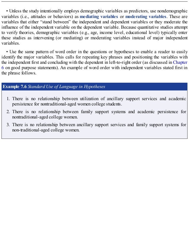 • Unless the study intentionally employs demographic variables as predictors, use nondemographic
variables (i.e., attitudes or behaviors) as mediating variables or moderating variables. These are
variables that either “stand between” the independent and dependent variables or they moderate the
influence of the independent variable on the dependent variable. Because quantitative studies attempt
to verify theories, demographic variables (e.g., age, income level, educational level) typically enter
these studies as intervening (or mediating) or moderating variables instead of major independent
variables.
• Use the same pattern of word order in the questions or hypotheses to enable a reader to easily
identify the major variables. This calls for repeating key phrases and positioning the variables with
the independent first and concluding with the dependent in left-to-right order (as discussed in Chapter
6 on good purpose statements). An example of word order with independent variables stated first in
the phrase follows.
Example 7.6 Standard Use of Language in Hypotheses
1. There is no relationship between utilization of ancillary support services and academic
persistence for nontraditional-aged women college students.
2. There is no relationship between family support systems and academic persistence for
nontraditional-aged college women.
3. There is no relationship between ancillary support services and family support systems for
non-traditional-aged college women.
 