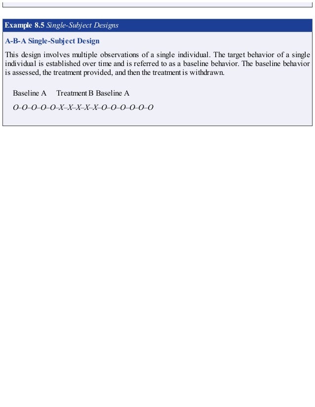 Example 8.5 Single-Subject Designs
A-B-A Single-Subject Design
This design involves multiple observations of a single individual. The target behavior of a single
individual is established over time and is referred to as a baseline behavior. The baseline behavior
is assessed, the treatment provided, and then the treatment is withdrawn.
Baseline A Treatment B Baseline A
O–O–O–O–O–X–X–X–X–X–O–O–O–O–O–O
 
